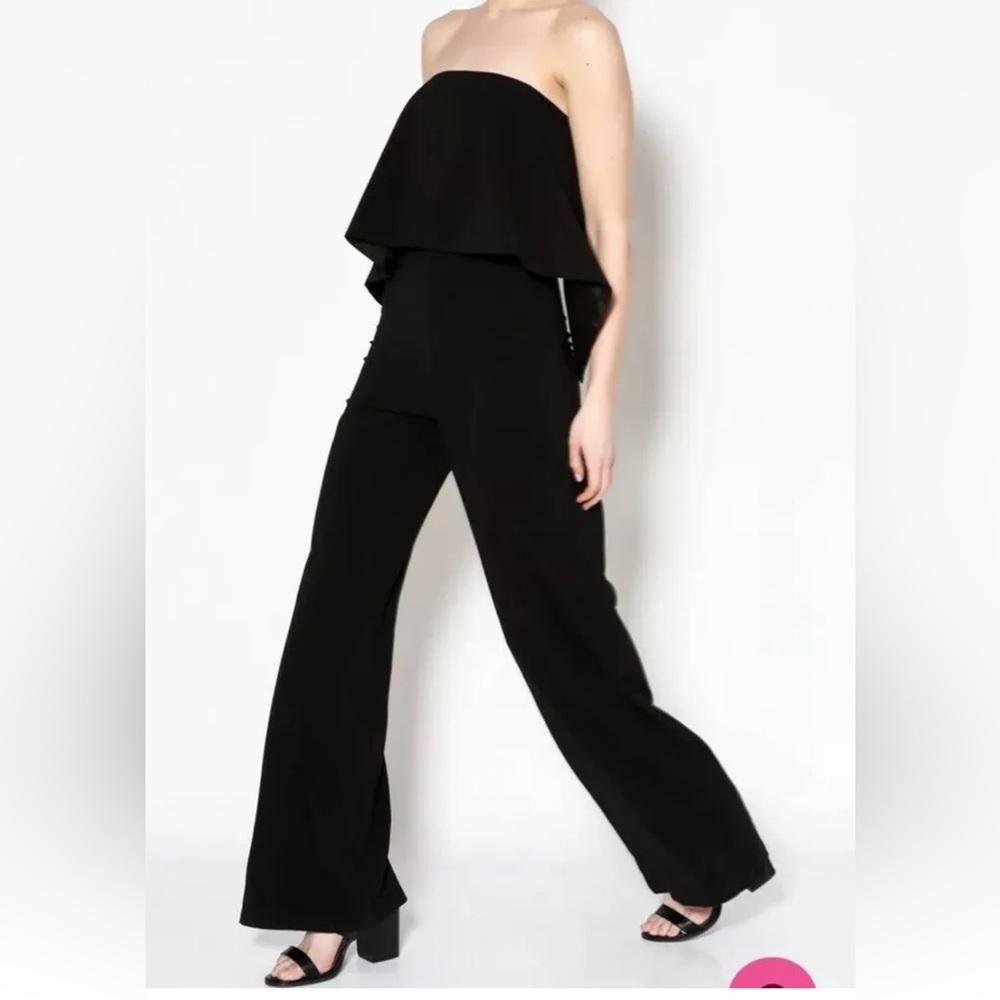 NWT DO + BE Womens Small Black Strapless Overlay Front Jumpsuit Wide Leg